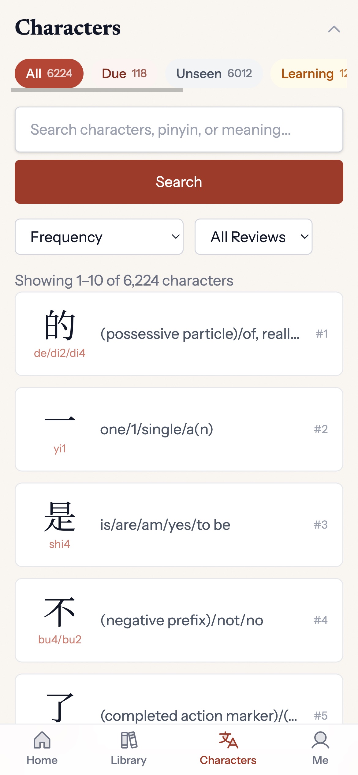 Character dictionary and mastery tracking