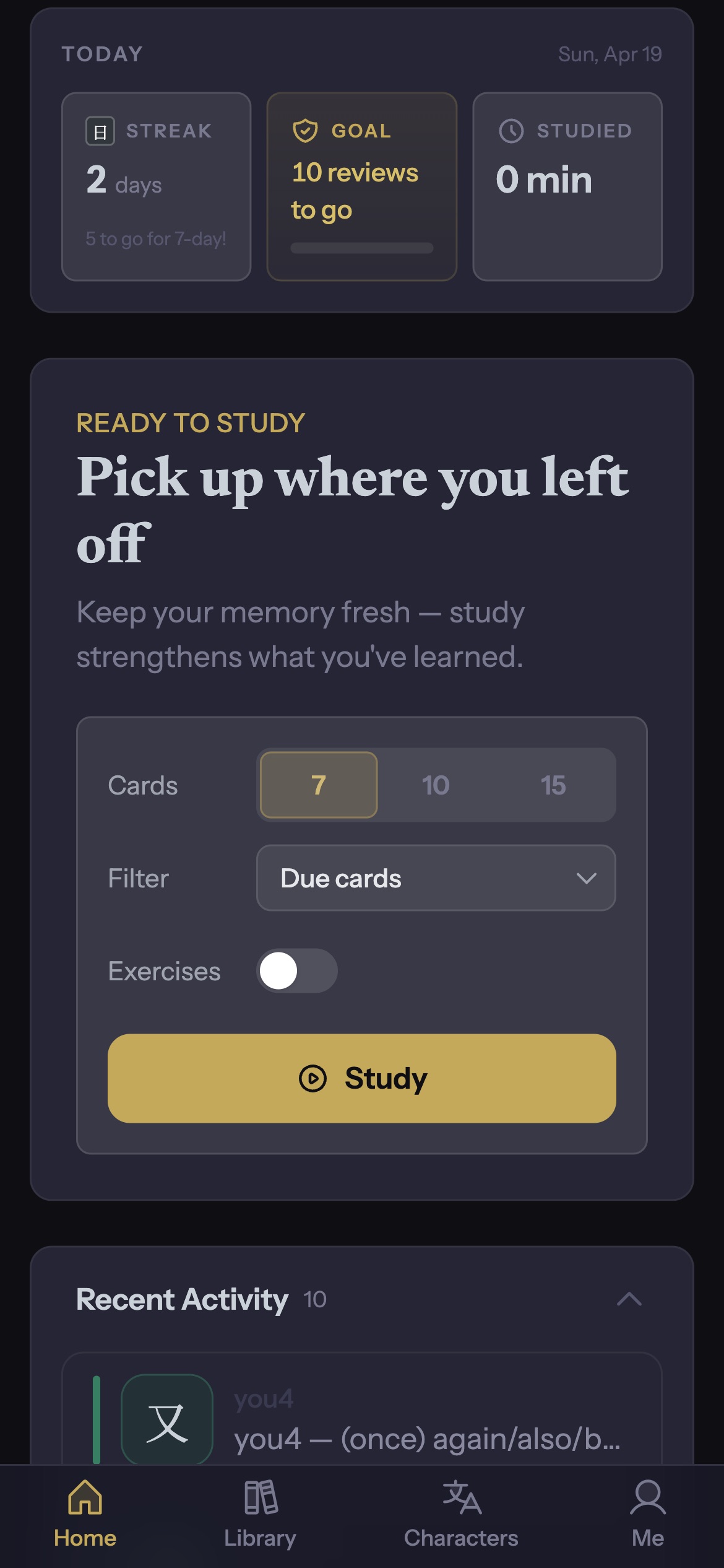 Study dashboard with streak and spaced repetition
